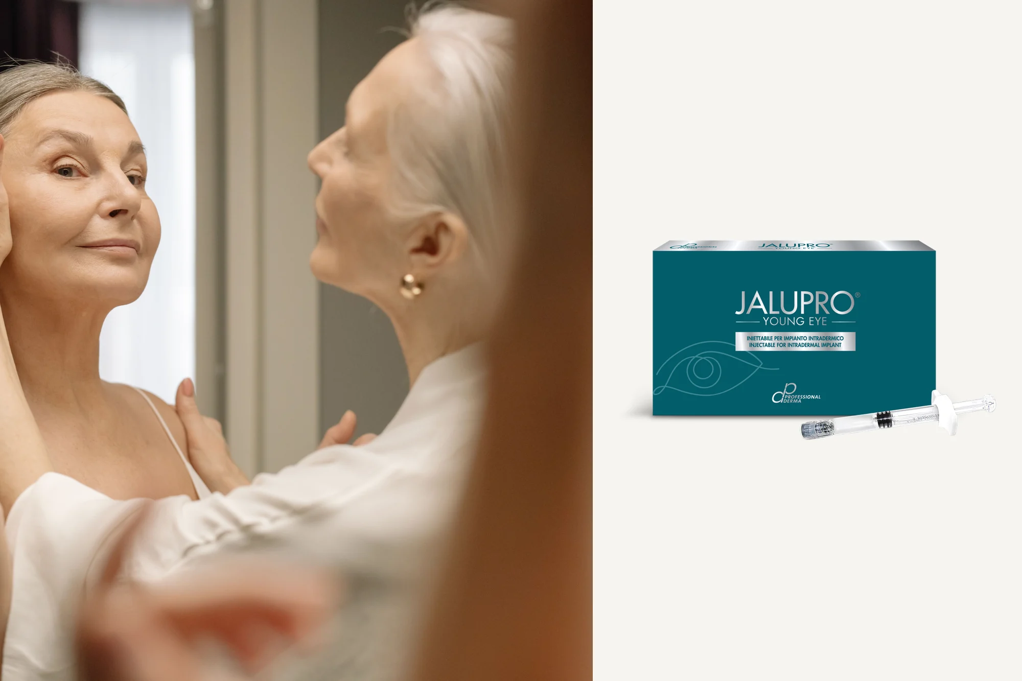 Especialista revisa el contorno de ojos de una paciente madura junto a la caja de Jalupro Young Eye