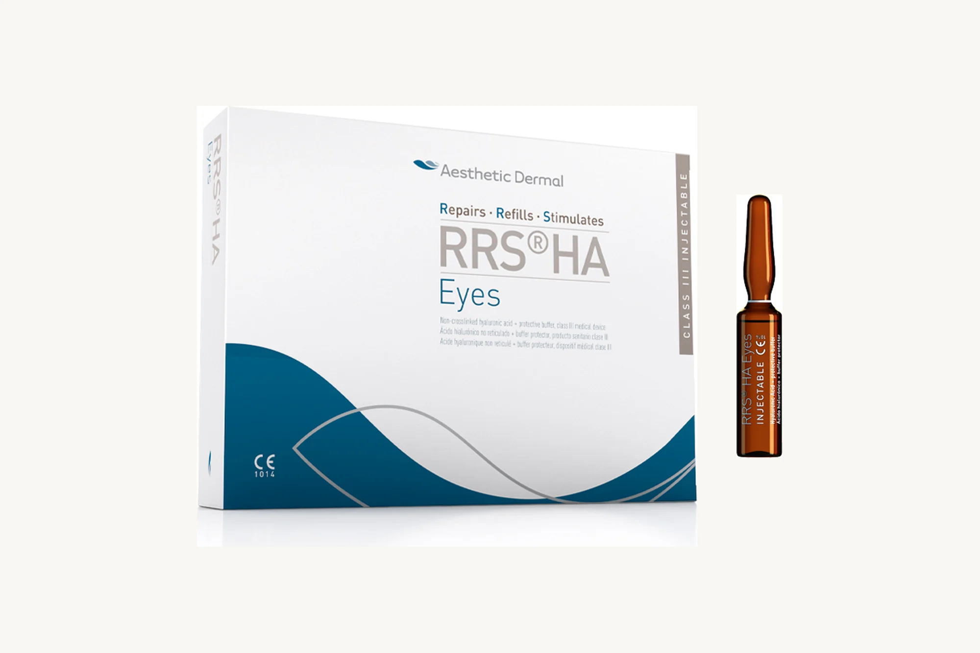 Caja y ampolla de RRS HA Eyes, el tratamiento inyectable para el contorno de ojos de Skin Tech Pharma Group