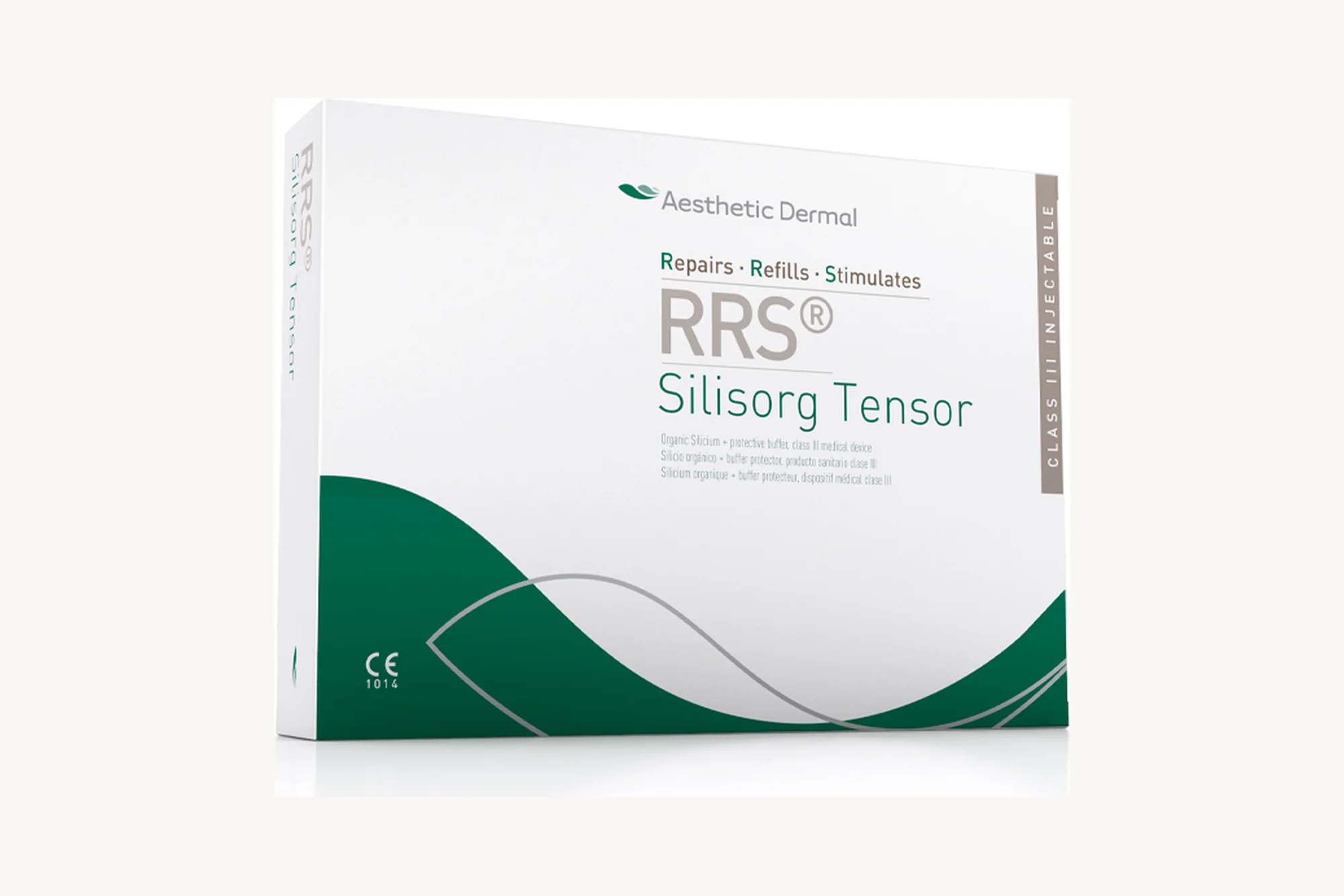 Caja de RRS Silisorg Tensor, silicio orgánico que nuestro equipo especializado aplica con microinyecciones en rostro, cuello y escote