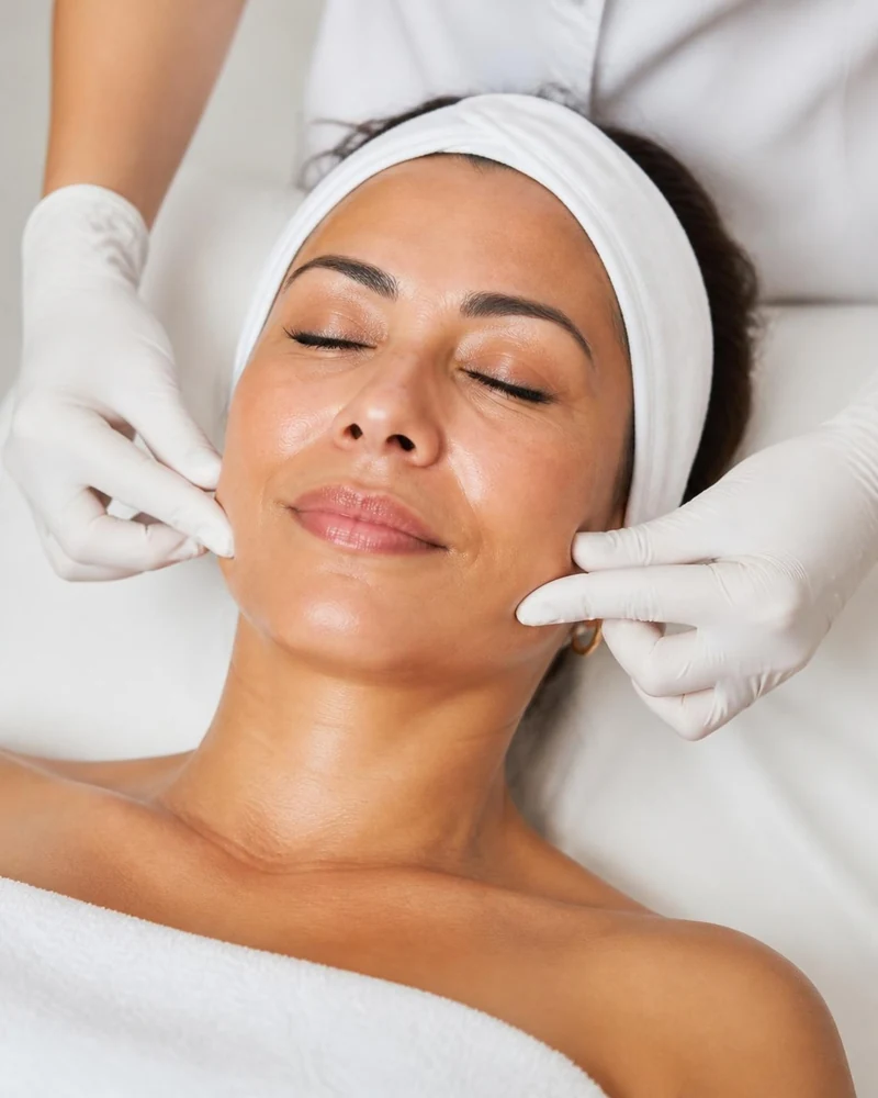 Mujer latina con piel suave durante una limpieza facial profunda con dermaplaning