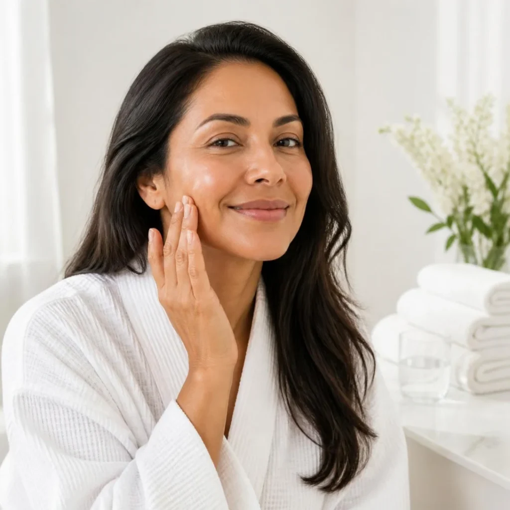 Mujer latina tocando su piel luminosa tras la limpieza facial profunda
