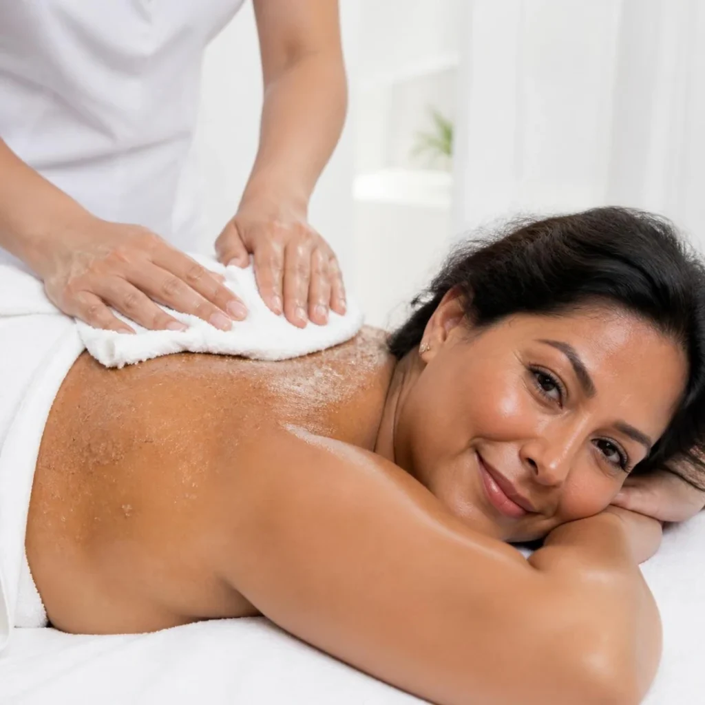 Exfoliación de espalda a mujer latina sonriente en Miraflores