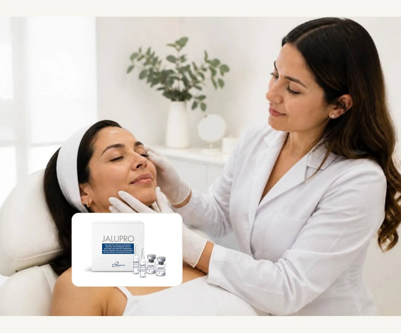 Especialista evaluando la piel del rostro antes de un tratamiento con Jalupro Classic