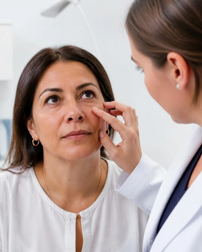 Doctora evaluando las ojeras de una paciente latina antes de Jalupro Eyes