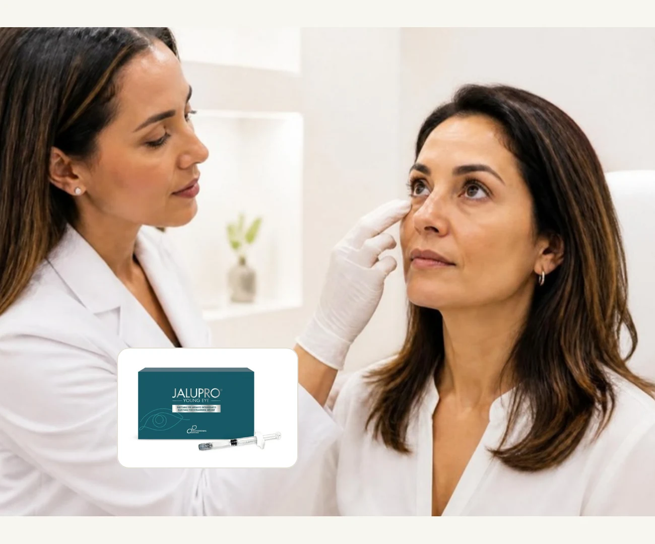 Especialista evaluando la piel fina del contorno de ojos antes de Jalupro Eyes