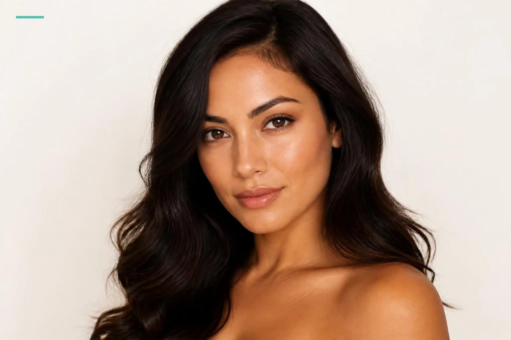 Mujer latina con cabello ondulado brillante y maquillaje elegante, piel luminosa