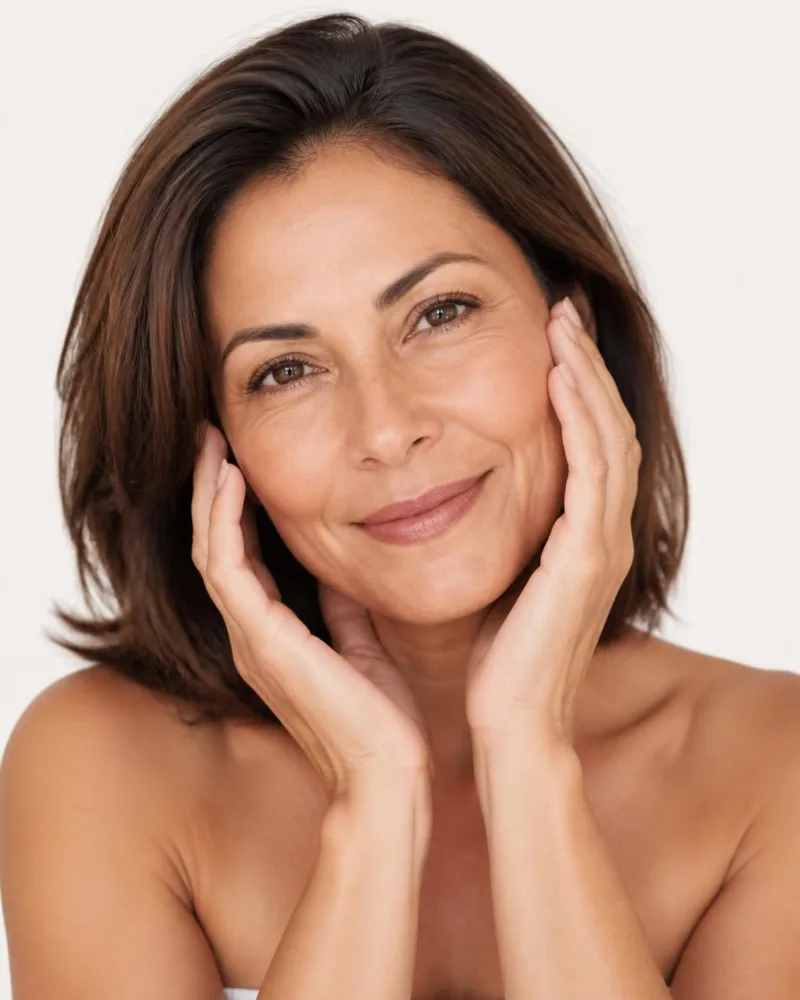 Mujer latina sonriente con las manos junto al rostro y piel luminosa