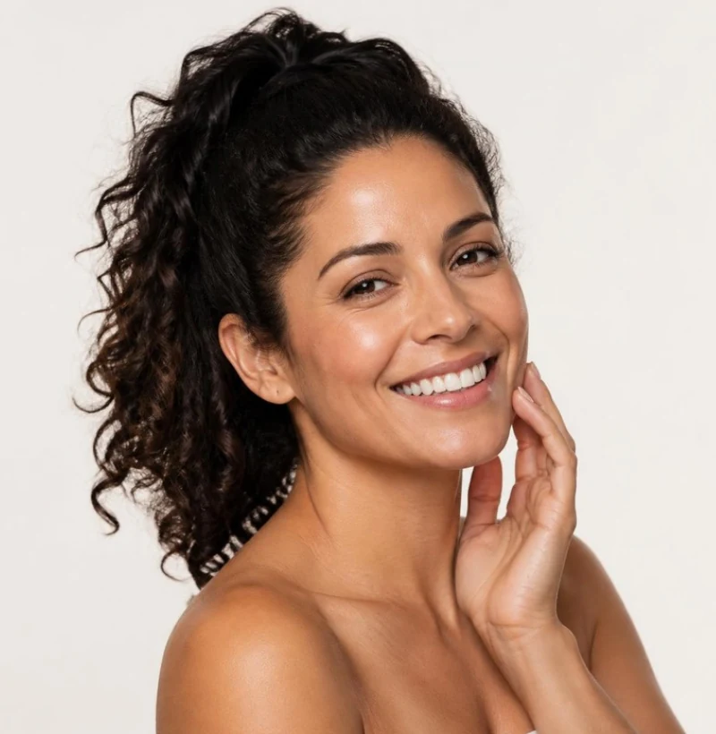 Mujer latina sonriente con cabello rizado recogido y mano junto al rostro, piel luminosa