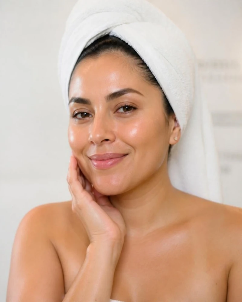 Mujer latina con piel hidratada tras una limpieza facial profunda