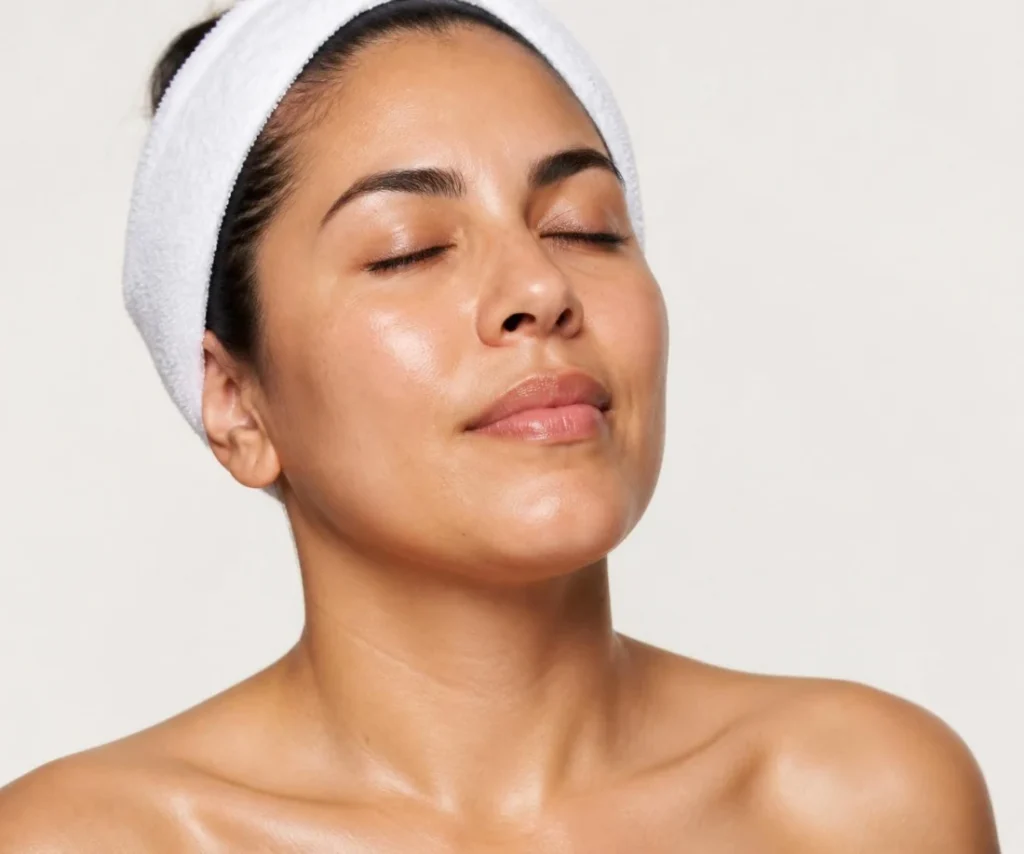 Mujer latina con diadema y piel fresca, resultado de una limpieza facial con exfoliación