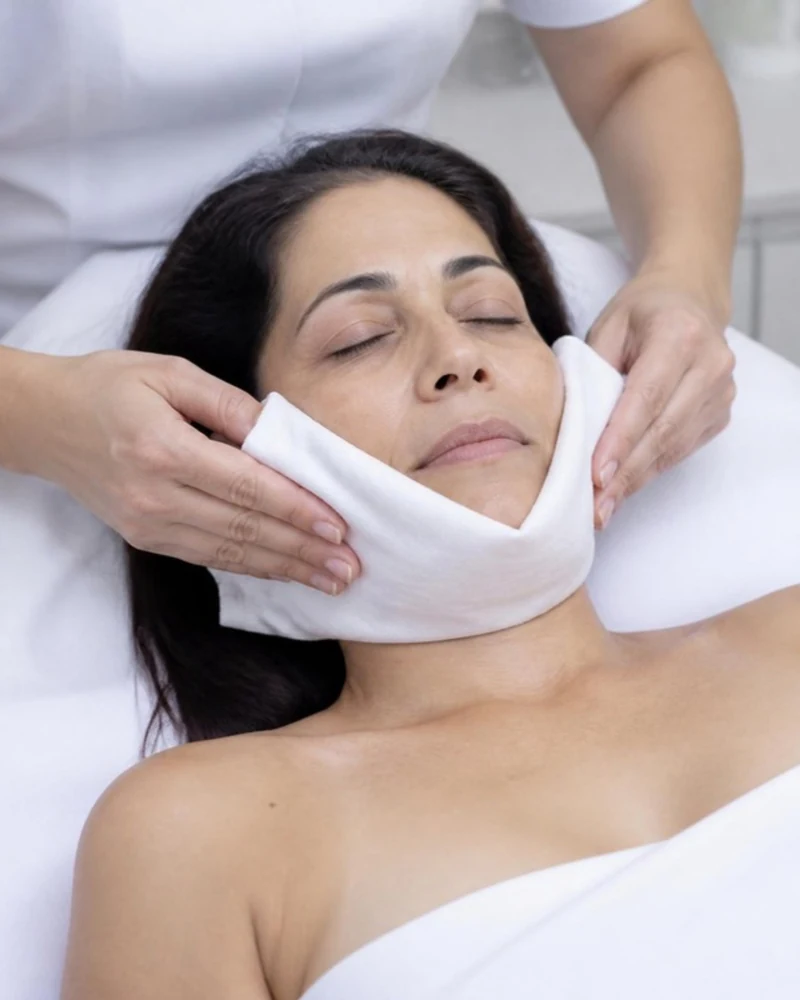 Compresa fría calmante en limpieza facial para piel con rosácea