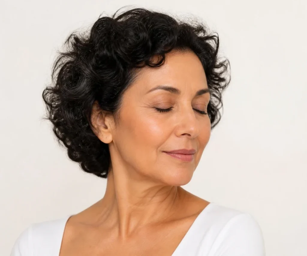 Mujer latina de perfil tranquilo con piel suave, cuidado facial para pieles sensibles