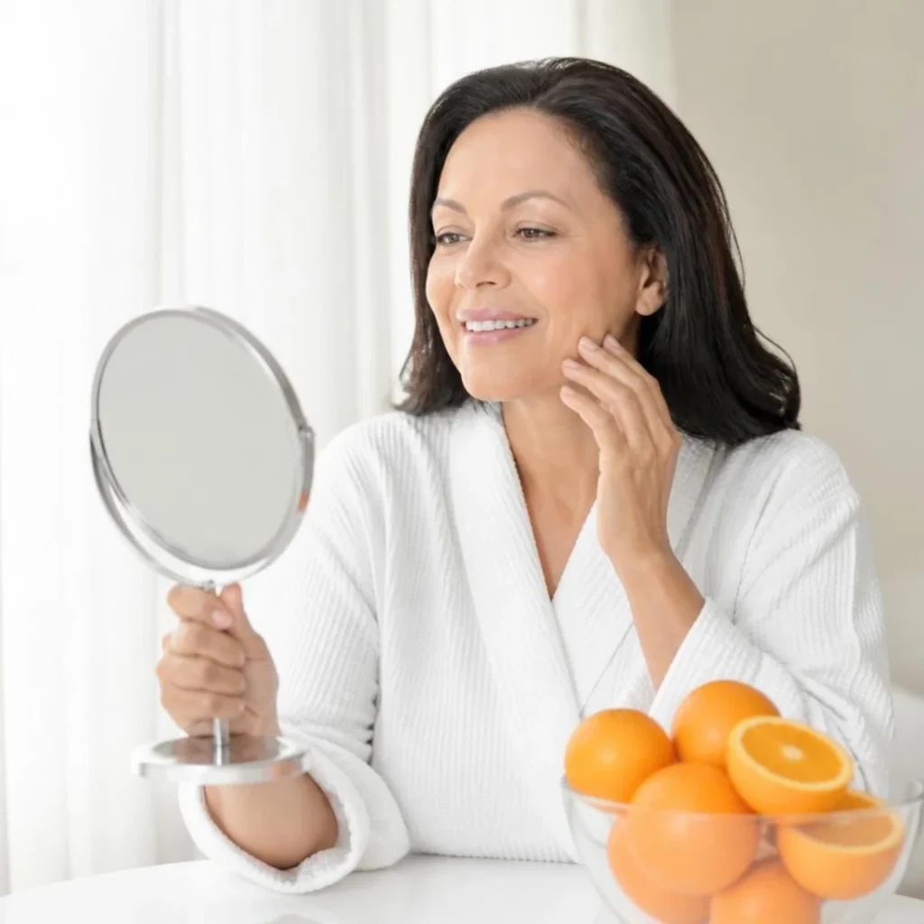 Mujer latina mirando su piel luminosa tras el facial de vitamina C