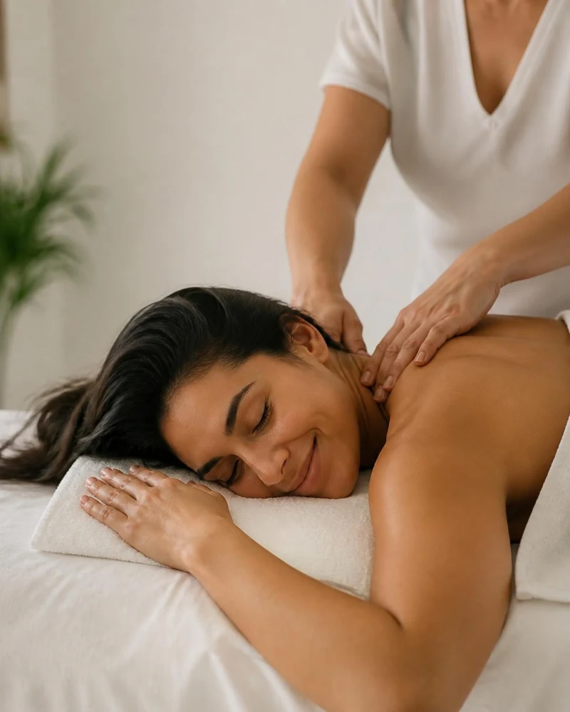 Mujer latina relajada durante un masaje de espalda y cuello en Miraflores