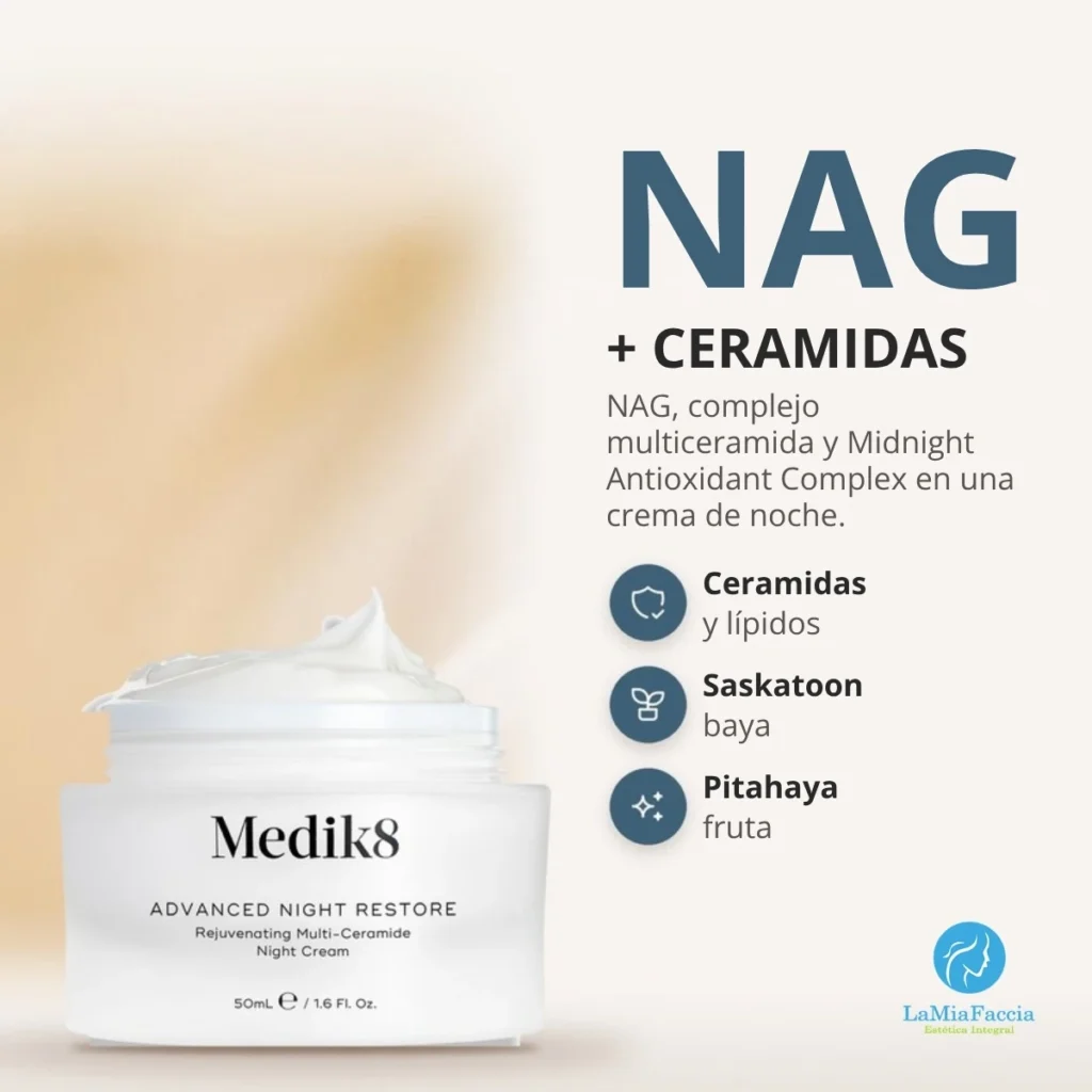 Ingredientes de Medik8 Advanced Night Restore: complejo multiceramida, antioxidantes de baya de Saskatoon y pitahaya y NAG