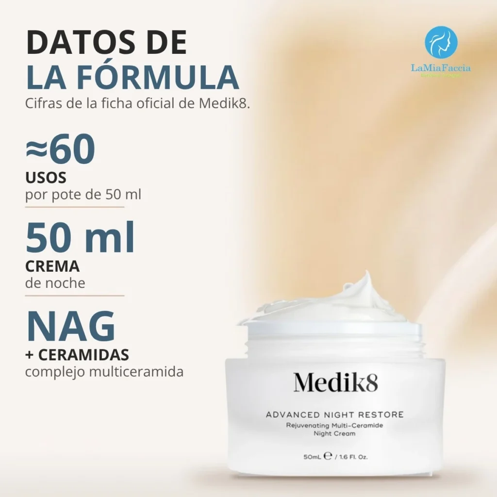 Datos de la fórmula de Medik8 Advanced Night Restore, crema de noche con ceramidas