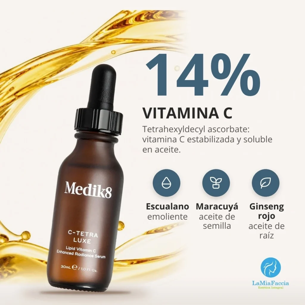 Ingredientes de Medik8 C-Tetra Luxe: vitamina C al 14%, escualano, aceite de maracuyá y vitamina E