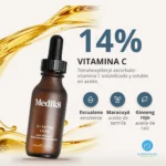 Ingredientes de Medik8 C-Tetra Luxe: vitamina C al 14%, escualano, aceite de maracuyá y vitamina E