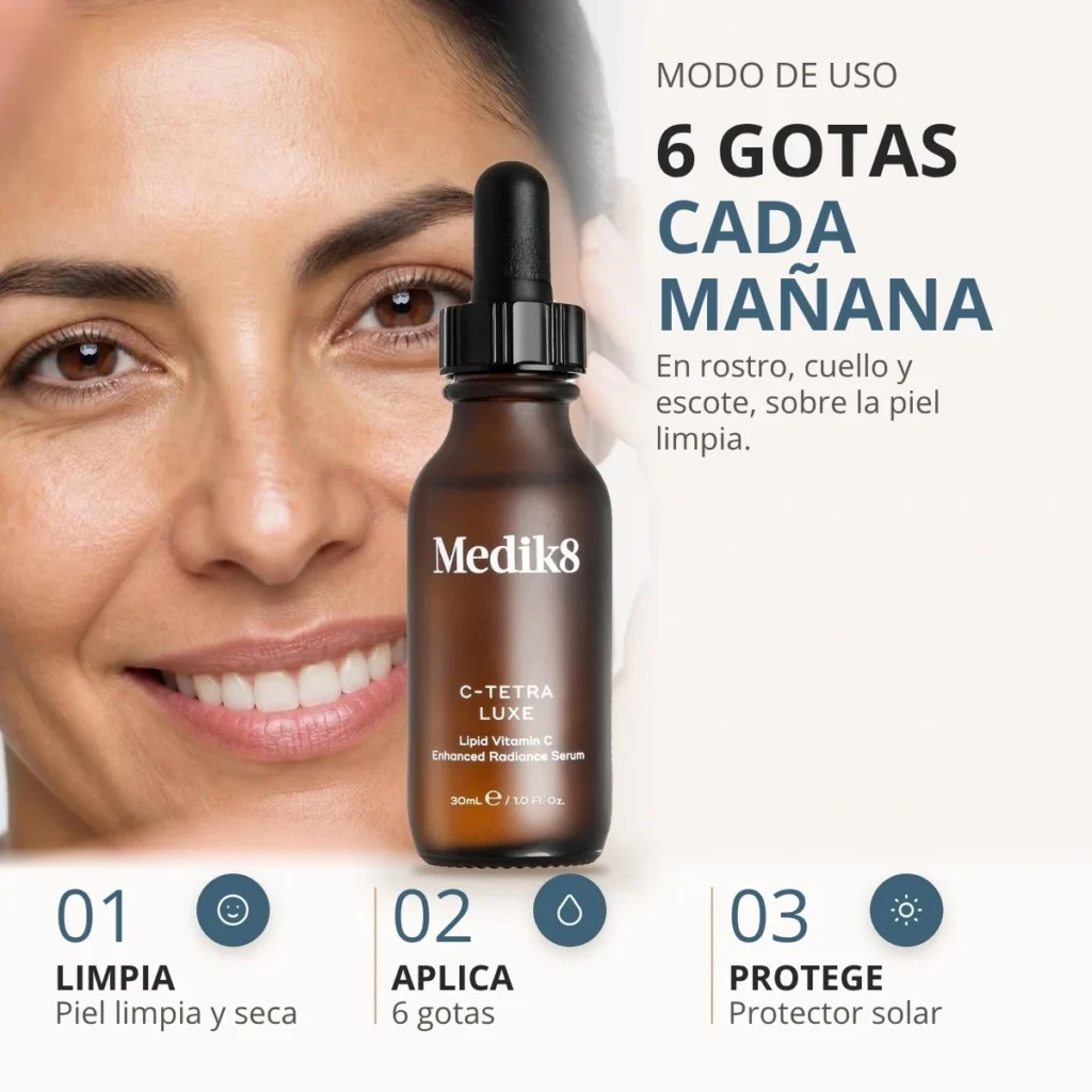 Cómo usar Medik8 C-Tetra Luxe: 6 gotas cada mañana, antes del bloqueador