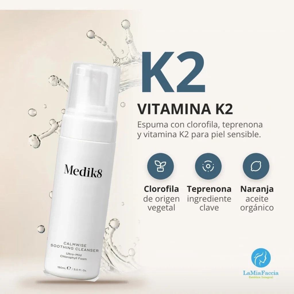 Ingredientes de Medik8 Calmwise Soothing Cleanser: teprenona, clorofila, vitamina K2 y aceite de naranja dulce