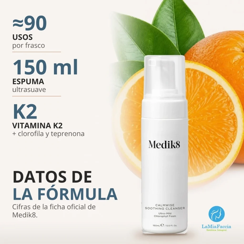 Datos de la fórmula de Medik8 Calmwise Soothing Cleanser, limpiador facial en espuma para piel sensible