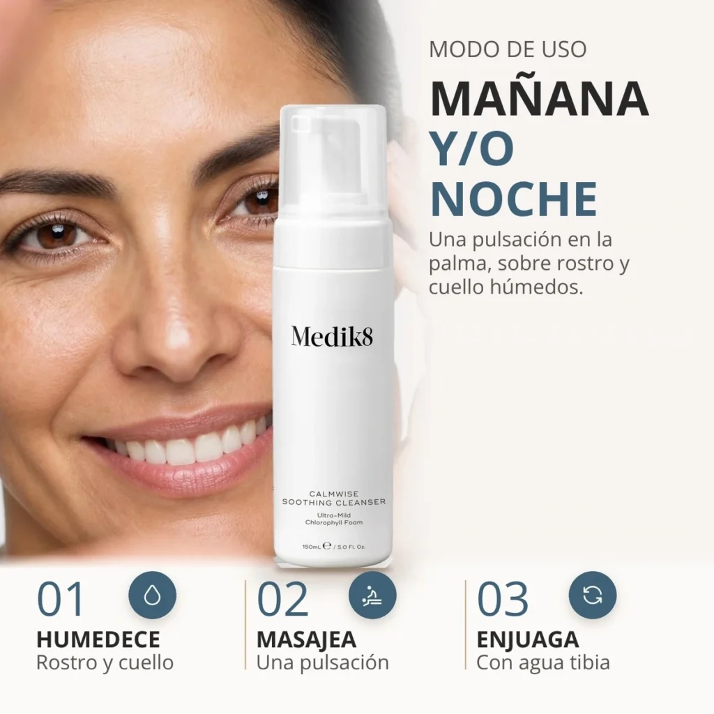 Cómo usar Medik8 Calmwise Soothing Cleanser: una pulsación sobre la piel húmeda, mañana y/o noche