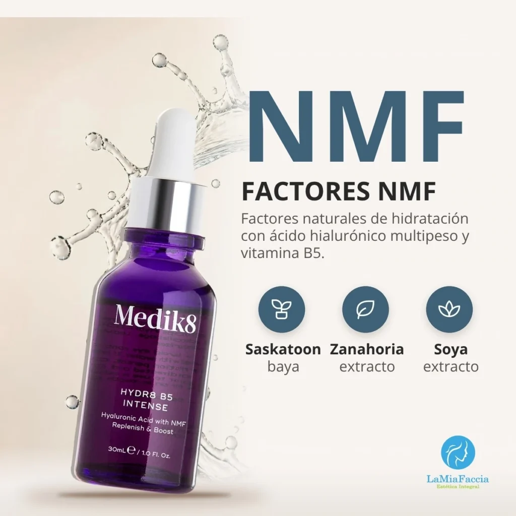 Ingredientes de Medik8 Hydr8 B5 Intense: ácido hialurónico, vitamina B5, NMF y baya de Saskatoon