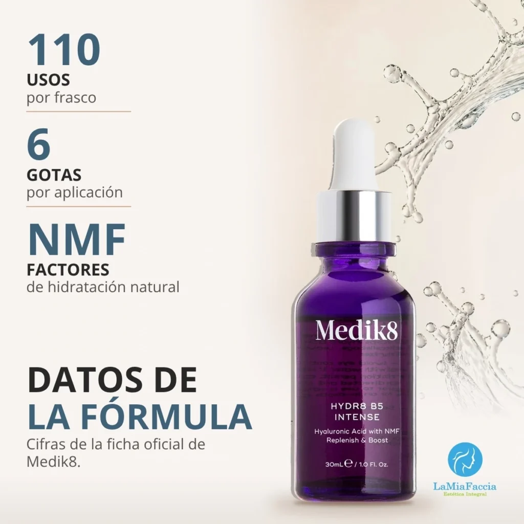 Datos de la fórmula de Medik8 Hydr8 B5 Intense, sérum hialurónico para piel seca