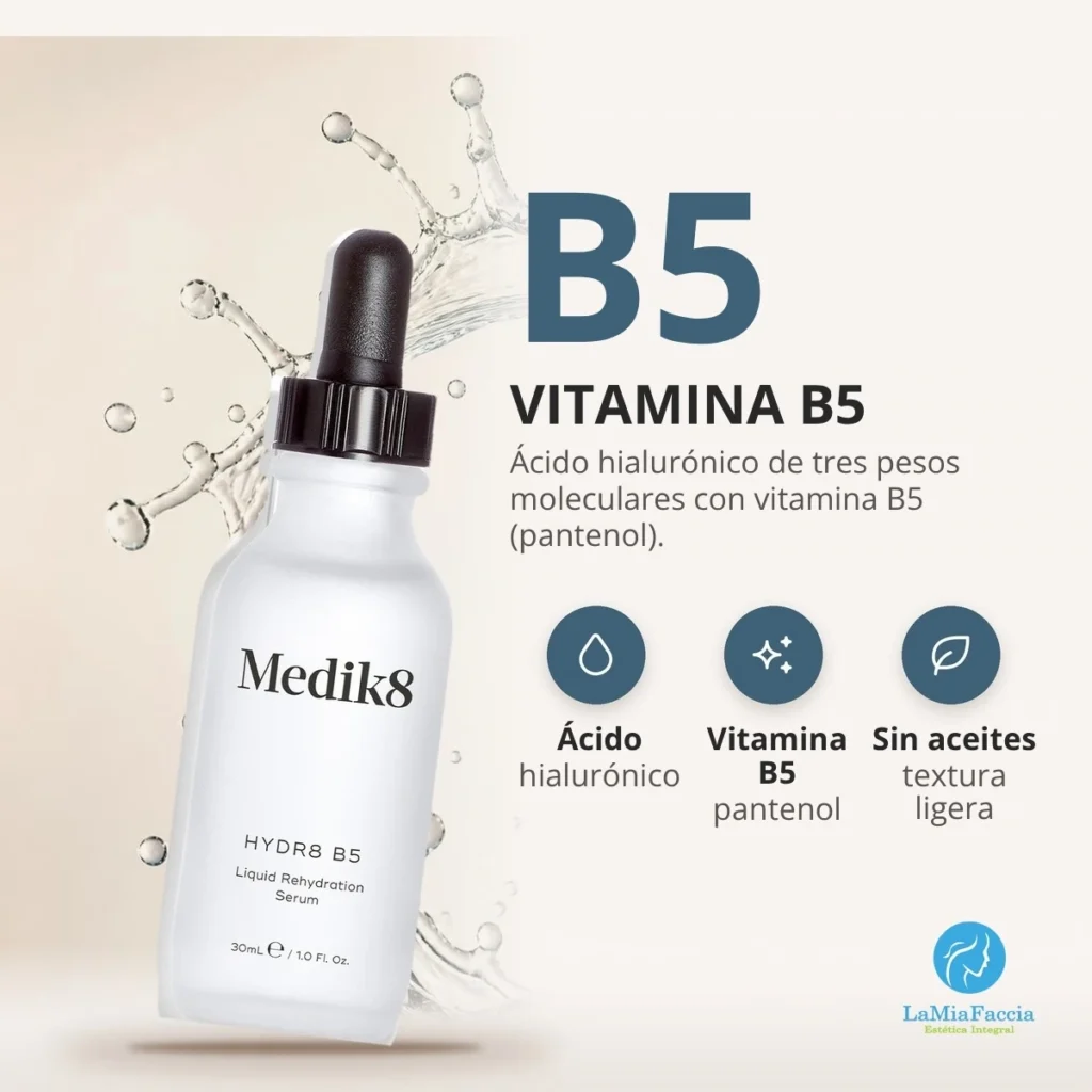 Ingredientes de Medik8 Hydr8 B5: ácido hialurónico en tres tamaños y vitamina B5