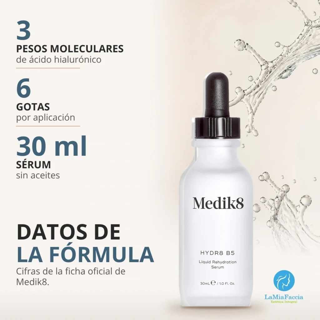 Datos de la fórmula de Medik8 Hydr8 B5, sérum hialurónico sin aceites con vitamina B5