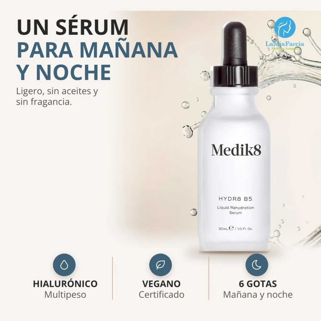 Medik8 Hydr8 B5 como el paso de hidratación de la rutina de día y de noche