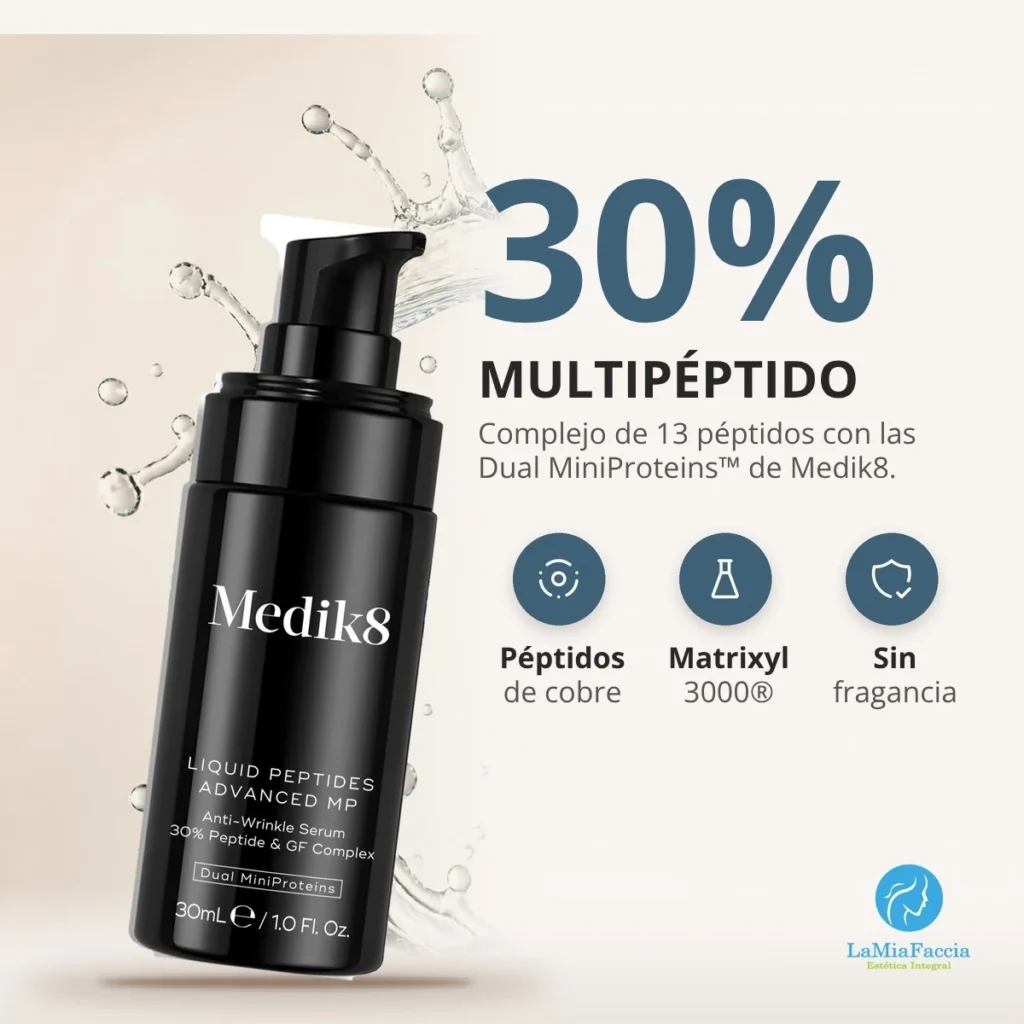 Ingredientes de Medik8 Liquid Peptides Advanced MP: complejo multipéptido al 30%, péptidos de cobre y Dual MiniProteins