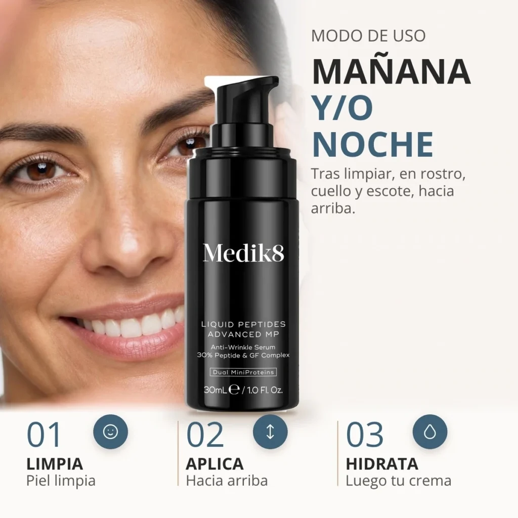 Cómo usar Medik8 Liquid Peptides Advanced MP: sobre la piel limpia, de mañana y/o de noche