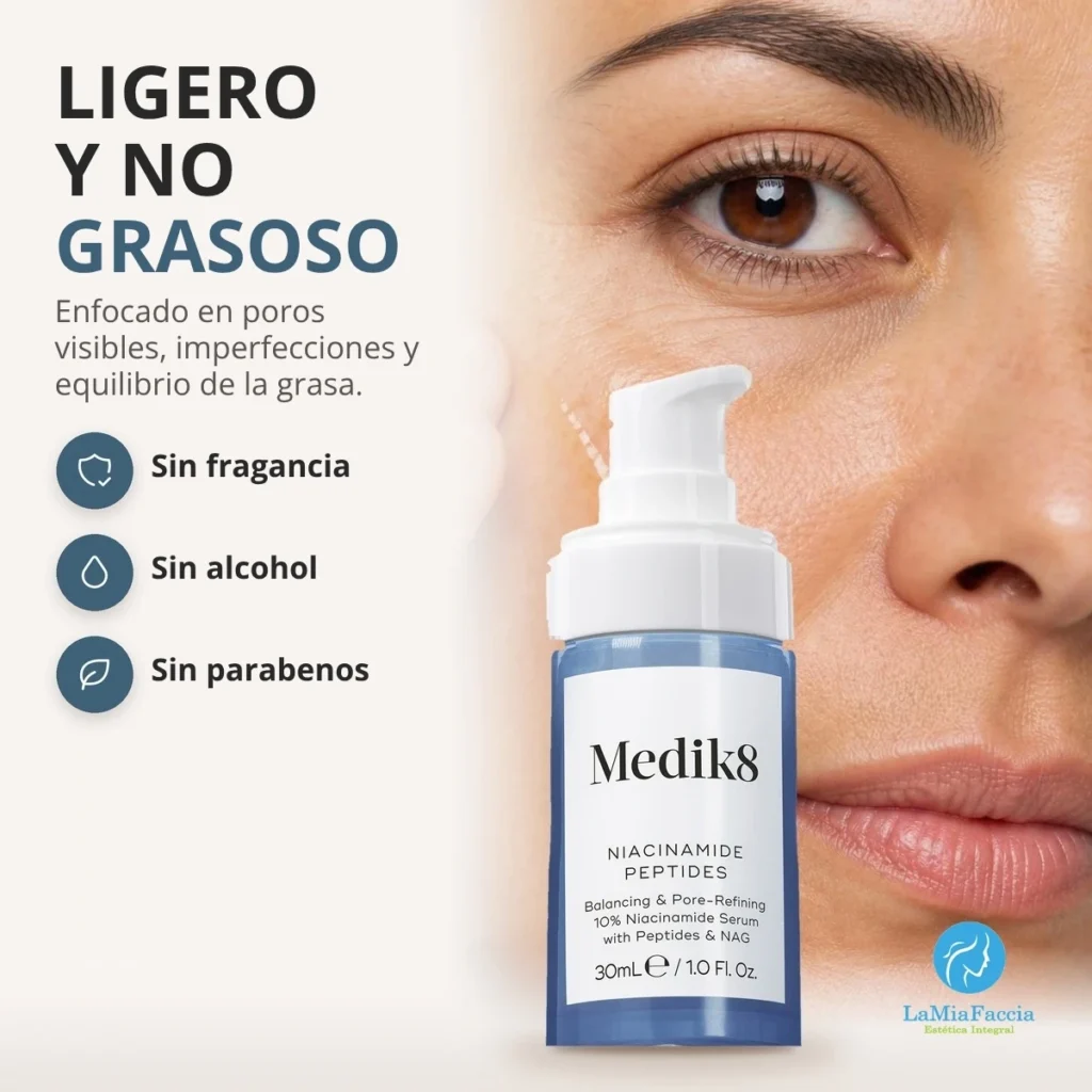 Medik8 Niacinamide Peptides: fórmula ligera sin fragancia ni alcohol