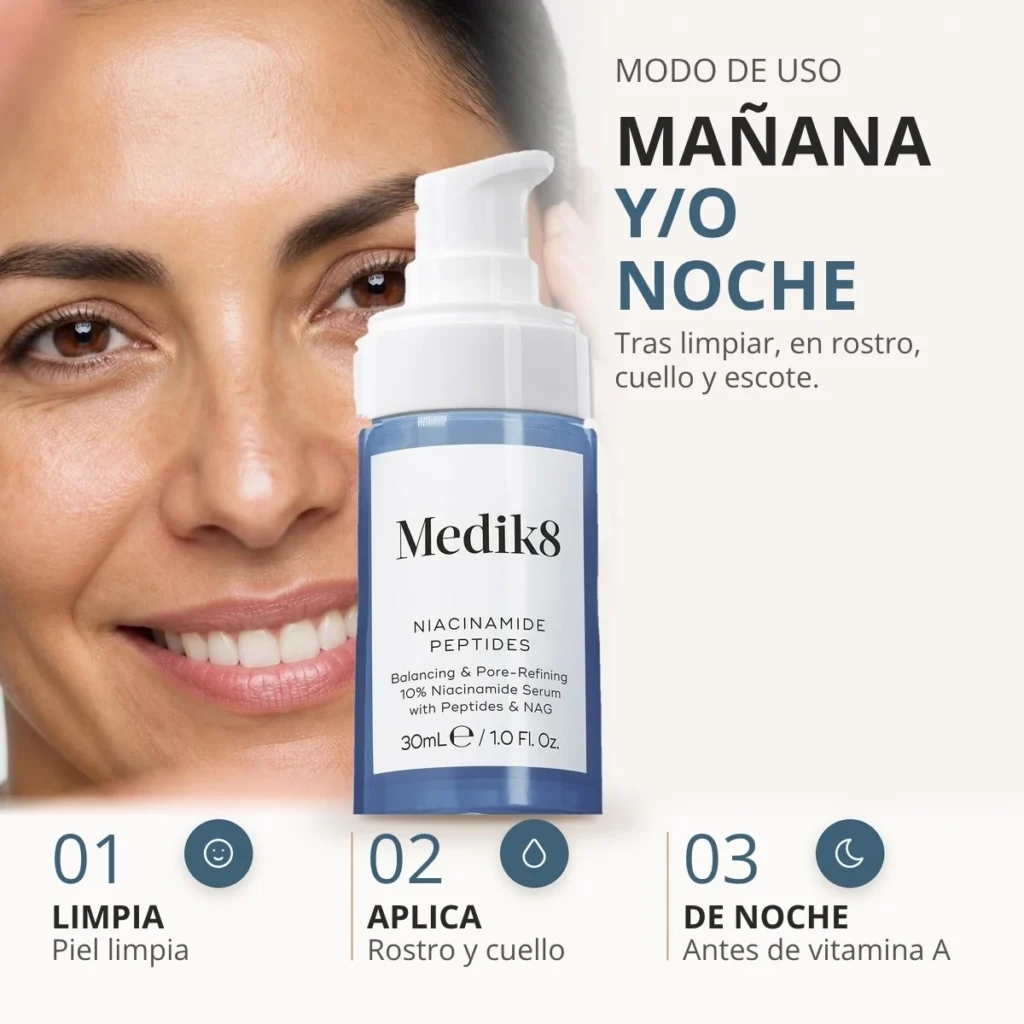 Cómo usar Medik8 Niacinamide Peptides: sobre la piel limpia, de mañana y/o de noche