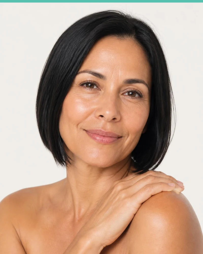 Mujer latina con cabello negro corto y mano en el hombro, piel cuidada