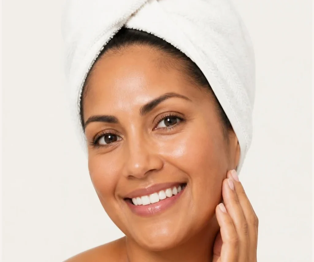 Mujer latina con toalla blanca en el cabello, sonriendo con la piel fresca
