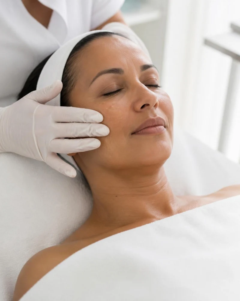 Mujer latina recibiendo tratamiento facial regenerativo en Miraflores