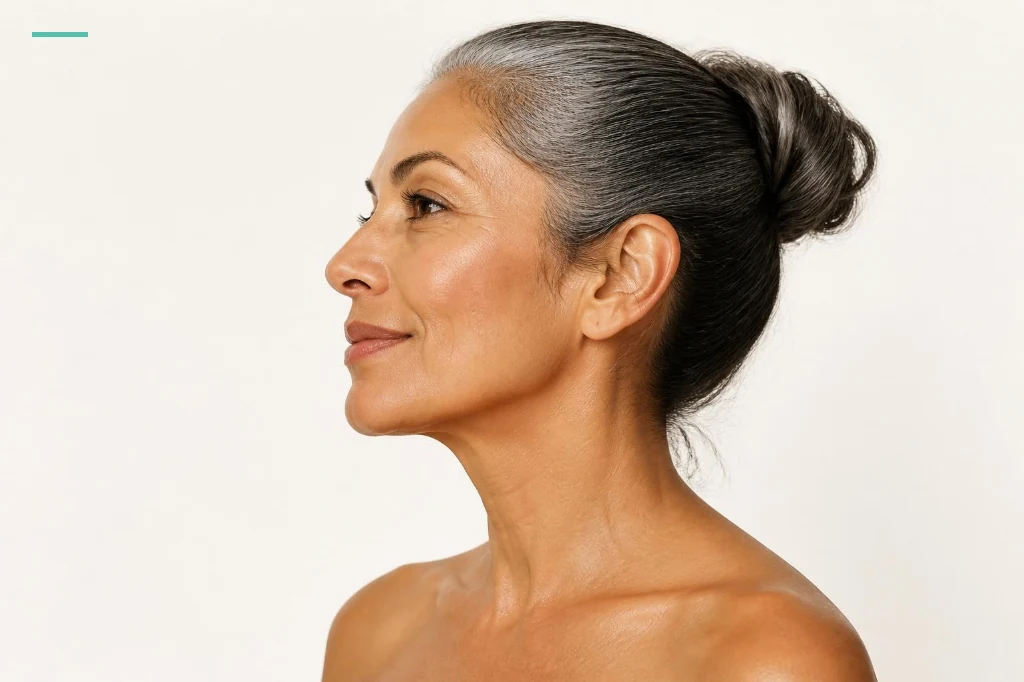 Perfil de mujer latina madura con mandíbula definida y cabello plateado recogido