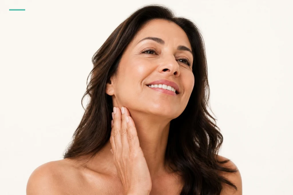 Mujer latina sonriendo tocando la piel suave de su cuello con el mentón elevado