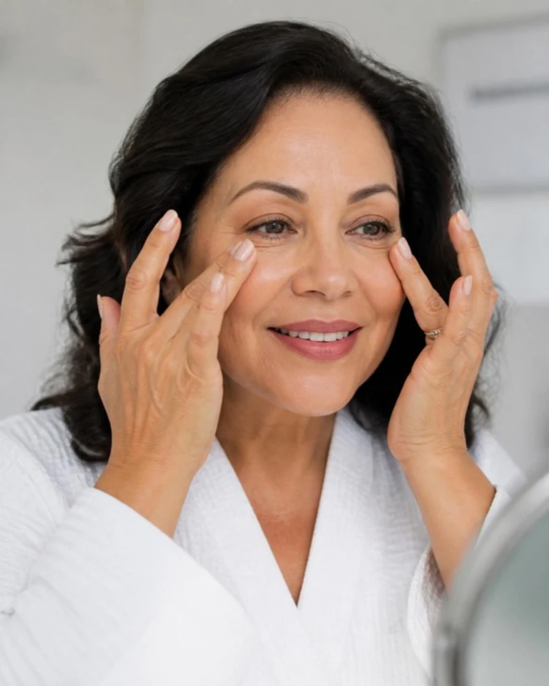 Mujer latina cuidando su contorno de ojos tras RRS Eyes