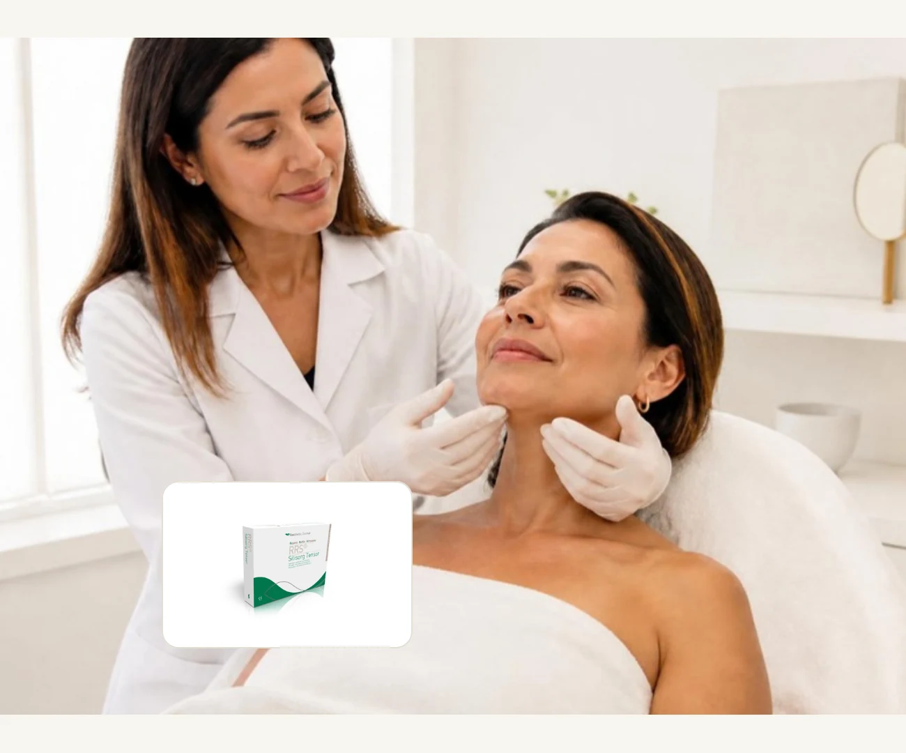 Especialista evaluando la flacidez facial de una paciente antes de Silisorg Tensor