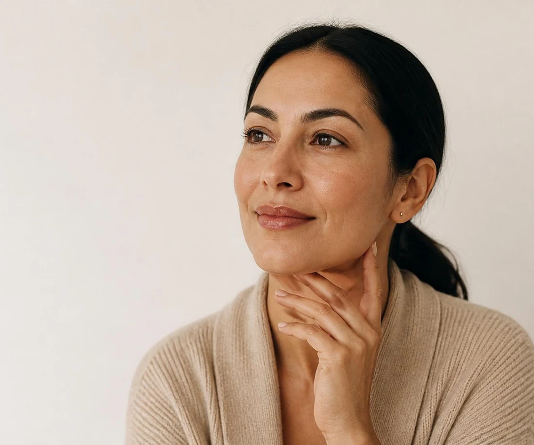 Mujer con la mano bajo la mandíbula y cárdigan beige, beneficios de la toxina botulínica en La Mia Faccia