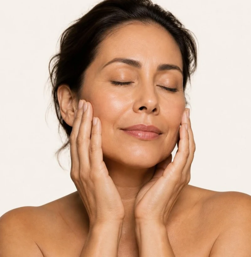 Mujer latina con cabello recogido, ojos cerrados y manos junto al rostro, expresión serena