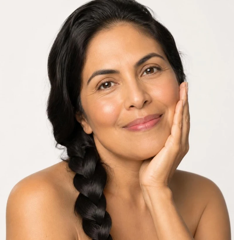 Mujer latina con trenza oscura y sonrisa suave, mano apoyada en la mejilla, piel luminosa