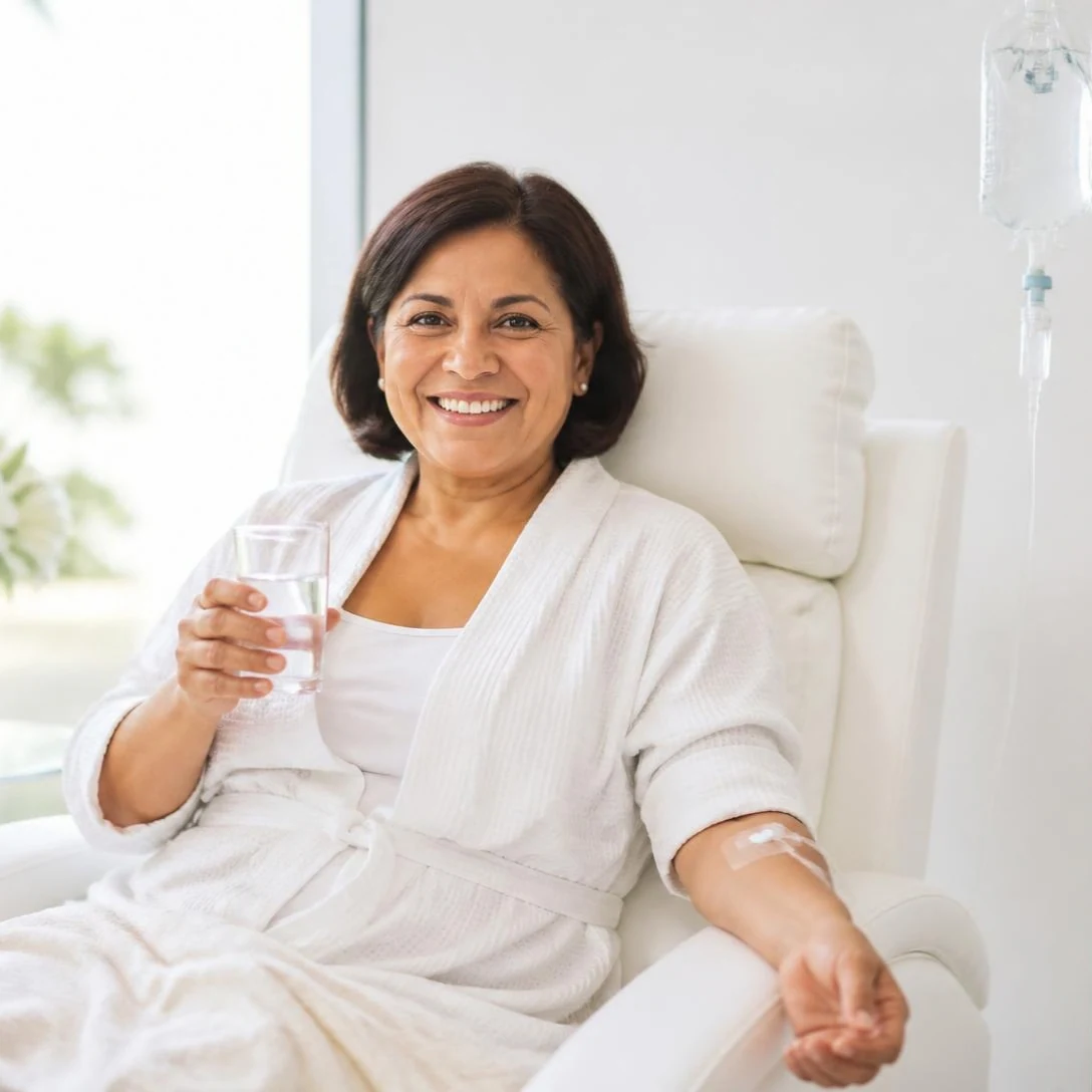 Paciente latina hidratándose durante su infusión de vitamina C