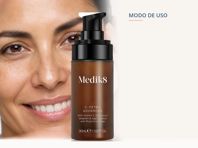 Medik8 C-Tetra Advanced junto al rostro de una mujer, sérum de vitamina C al 20% en gel