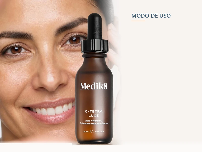 Medik8 C-Tetra Luxe junto al rostro de una mujer, sérum de vitamina C al 14% en aceite