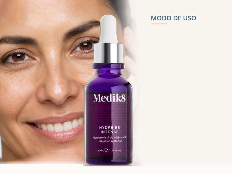 Medik8 Hydr8 B5 Intense junto al rostro de una mujer, sérum hialurónico para piel seca