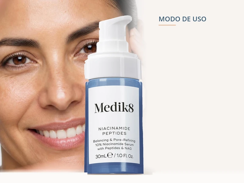 Medik8 Niacinamide Peptides junto al rostro de una mujer, sérum de niacinamida al 10% con zinc